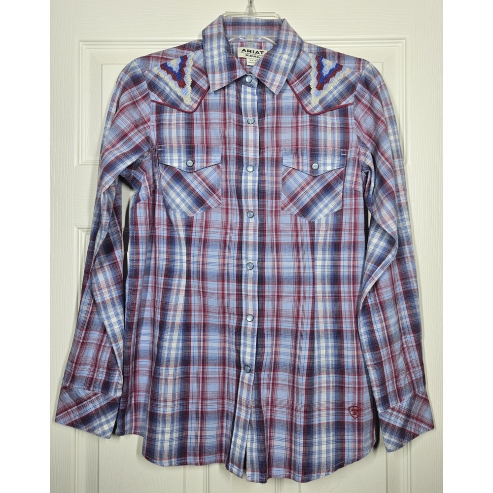 Ariat Women XS Embroidered Plaid Pearl Snap‎ Button Down Shirt Western Rodeo EUC